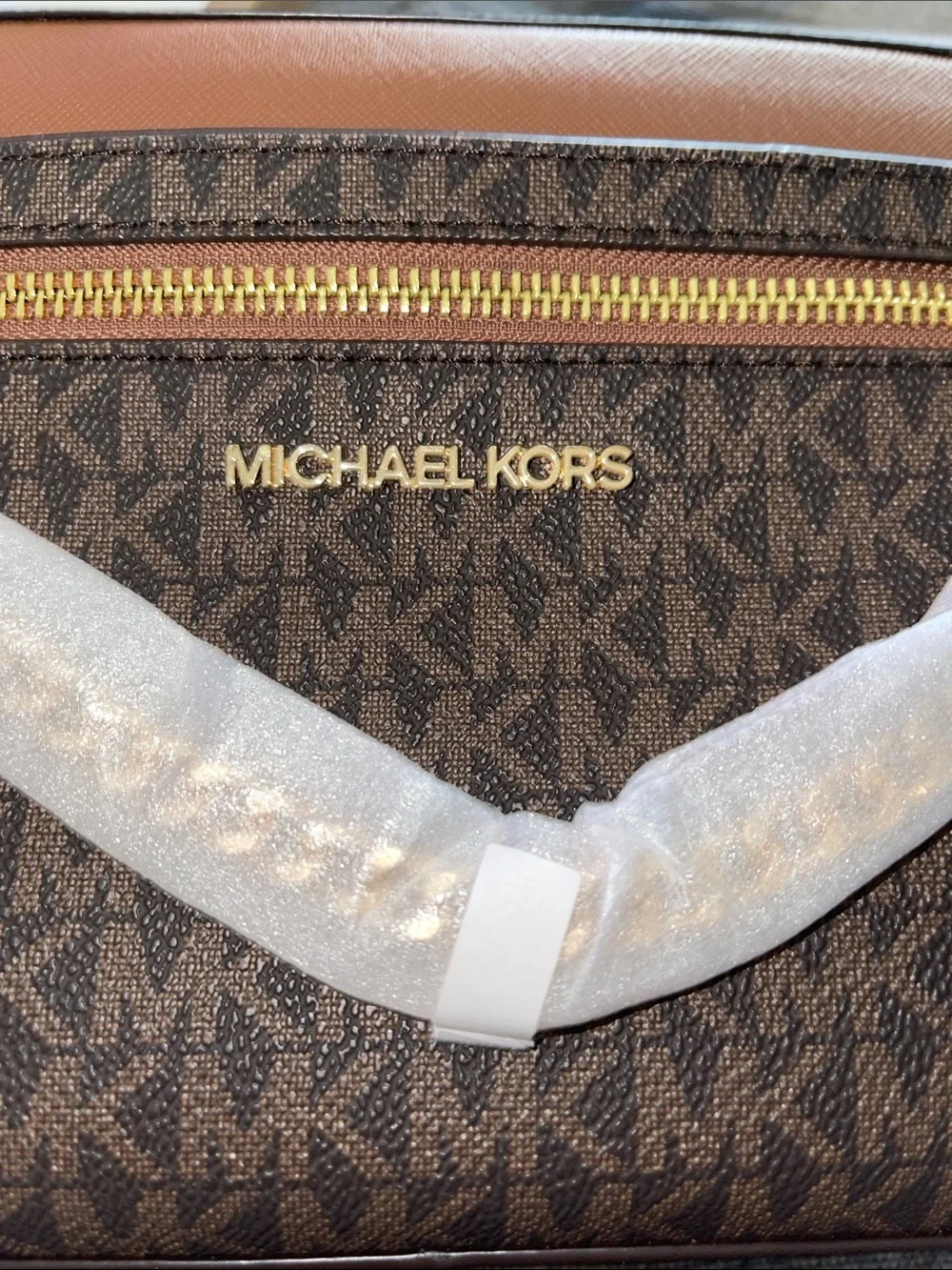 Michael Kors Brown and Tan MK Signature Crossbody Bag